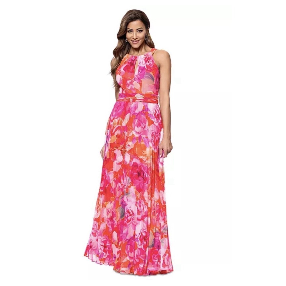 Xscape Womens Printed Pleated Sleeveless Halter-Neck Gown 8 Red/Pink - NWT $249